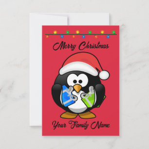 Carte Pingouin Arrière - plan rouge tenant des cadeaux d