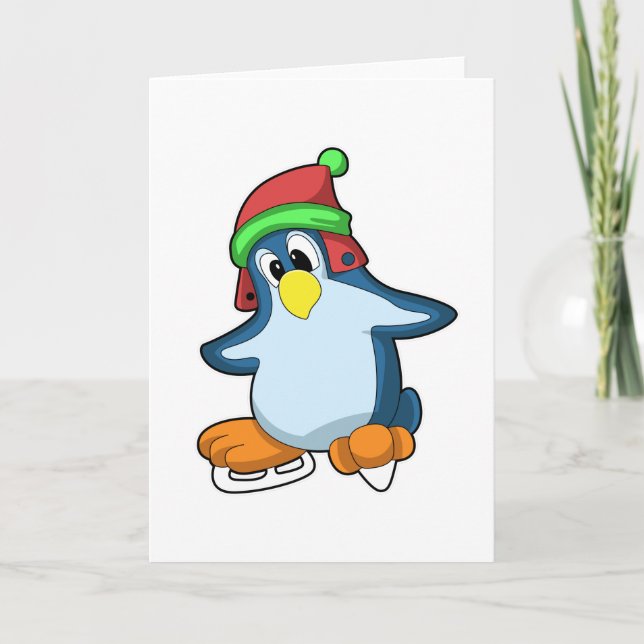 Carte Pingouin au patinage sur glace avec patins sur gla (Devant)