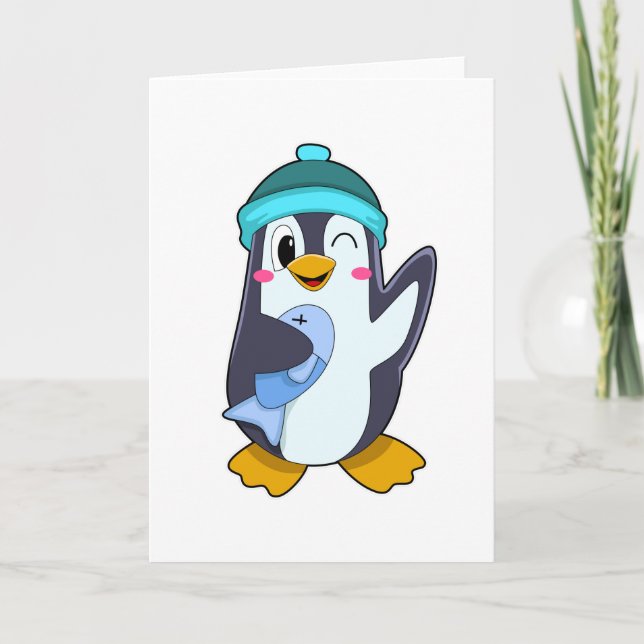 Carte Pingouin avec poisson et Casquette (Devant)