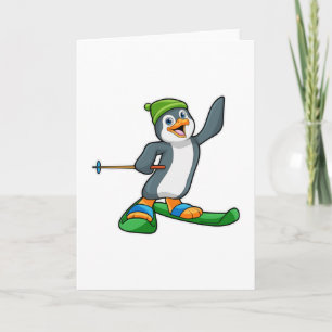 Carte Pingouin comme skieur avec ski et Casquette
