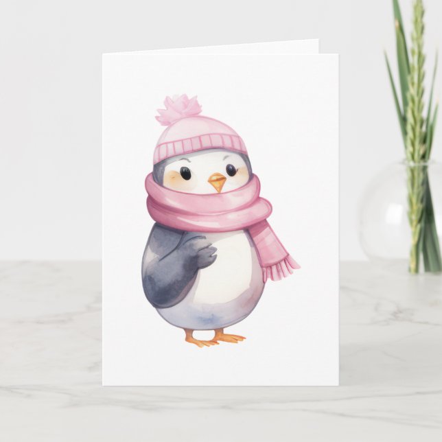 Carte Pingouin d'aquarelle en écusson rose (Devant)