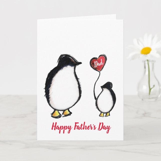 Carte Pingouin de Fête des pères heureux avec coeur (Petite plante)