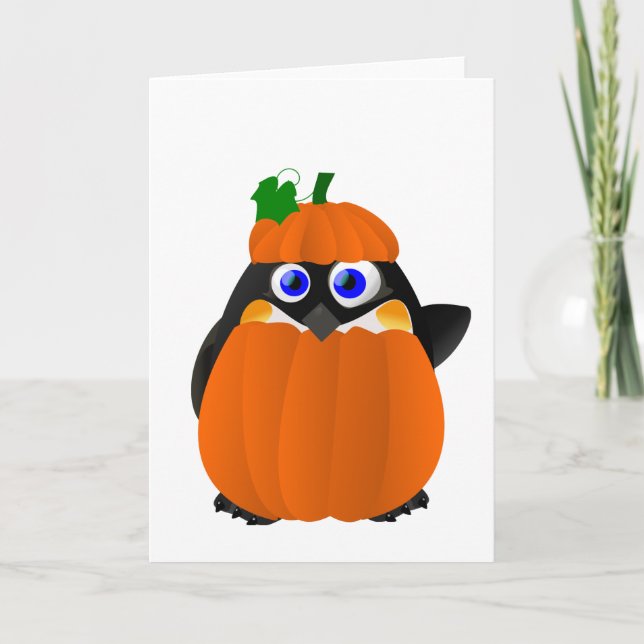Carte Pingouin de Halloween de costume de citrouille (Devant)