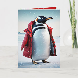 Carte Pingouin de Noël avec manteau rouge