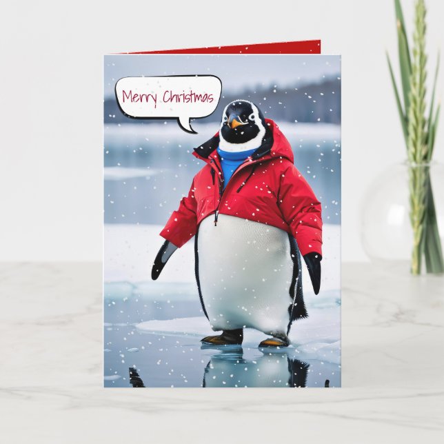 Carte Pingouin de Noël avec manteau rouge (Devant)