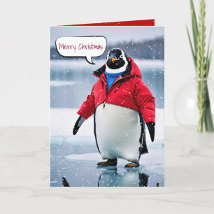 Carte Pingouin de Noël avec manteau rouge