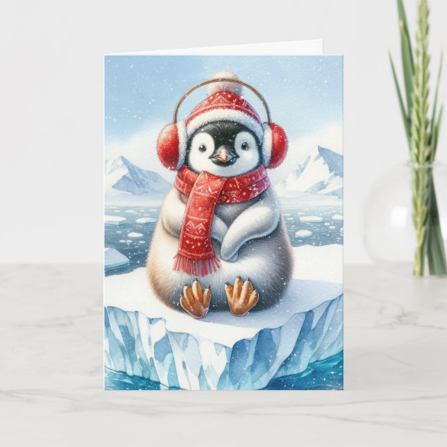 Carte Pingouin de Noël dans les flocons de neige (Devant)