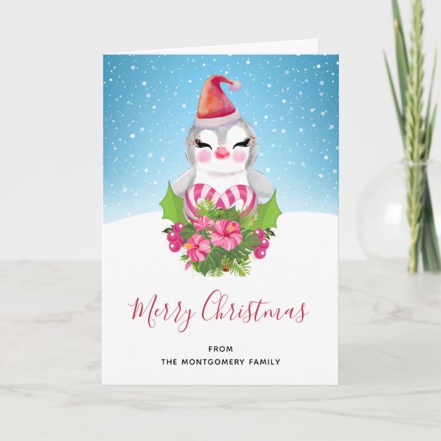 Carte Pingouin de Noël mignon à Santa Hat (Devant)