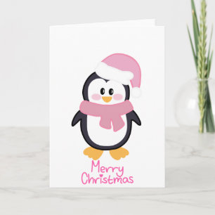 Carte Pingouin de Noël rose Joyeux Noël