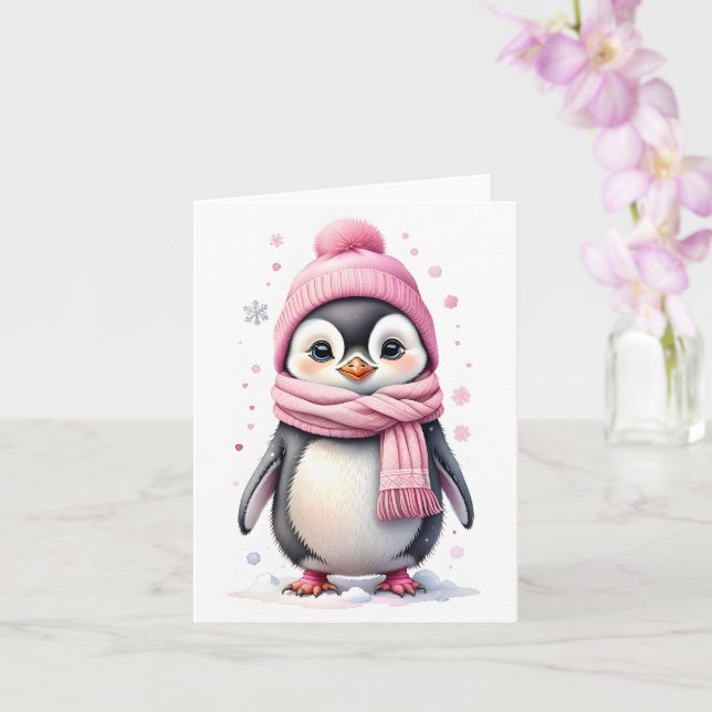 Carte Pingouin mignon en Casquette rose et noir d'araign (Orchidée)