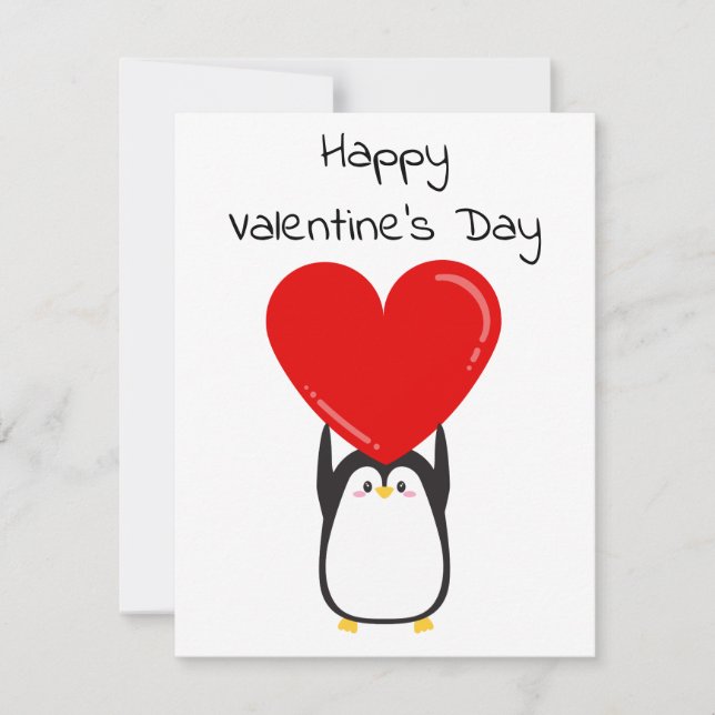 Carte Pingouin mignon tenant un grand coeur rouge - cart (Devant)