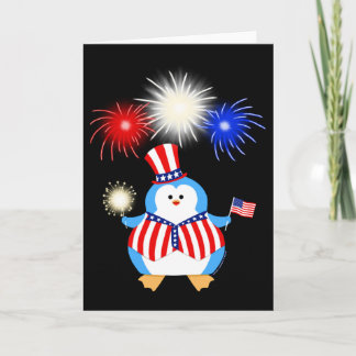 Carte Pingouin patriotique avec des feux d'artifice