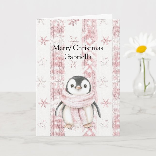 Carte Pingouin rose Snowflakes Noël (Petite plante)