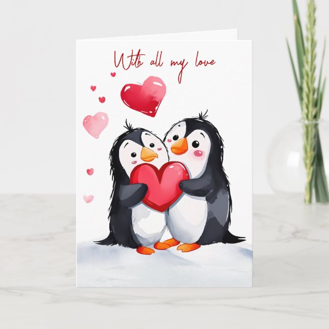 Carte Pingouins Anniversaires Au Coeur Rouge (Devant)