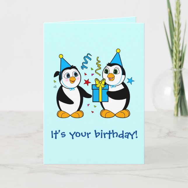 Carte Pingouins de dessin animé avec cadeau (Devant)