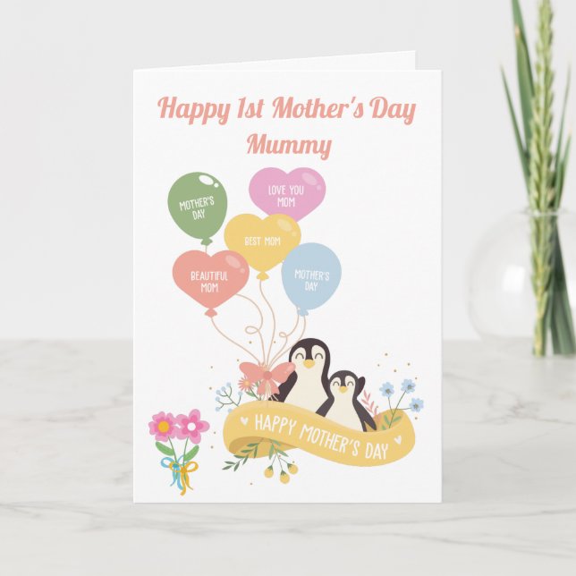 Carte Pingouins mignons 1ère fête des mères (Devant)