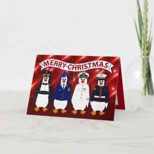 Carte Pingouins militaires de Noël 4 Branches Uniformes 
