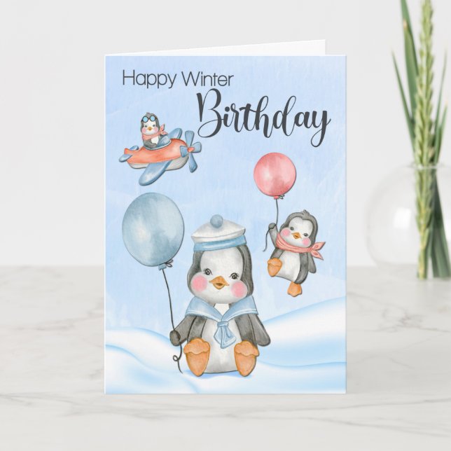 Carte Pingouins pour bébés mignons pour l'anniversaire d (Devant)
