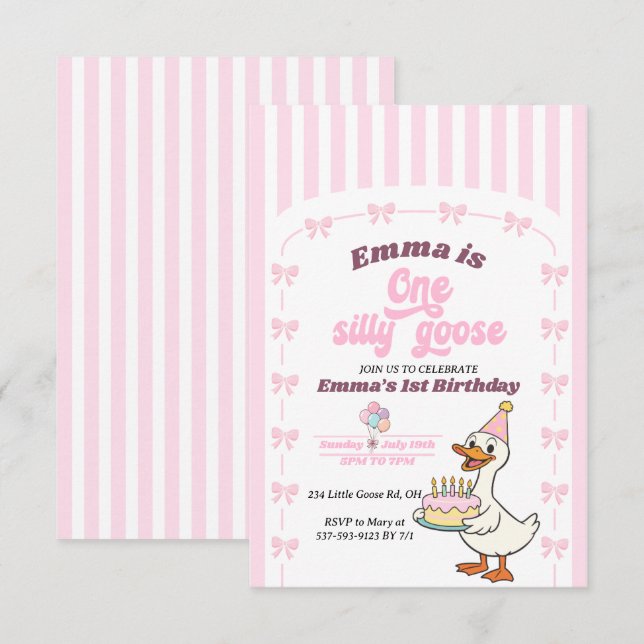 Carte Pink Bow One Silly Goose Girl 1st Birthday Party  (Devant / Derrière)