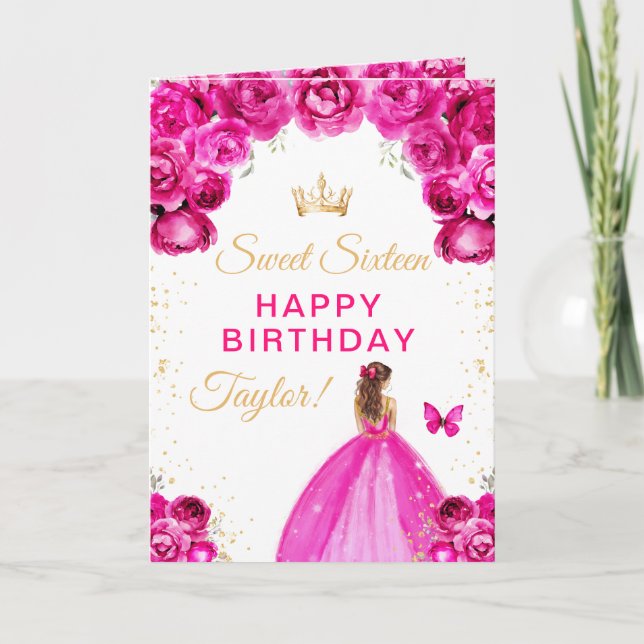 Carte Pink Brown cheveux fille Sweet sixteen anniversair (Devant)