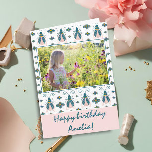 Carte Pink Bugs Flower Motif Photo Anniversaire