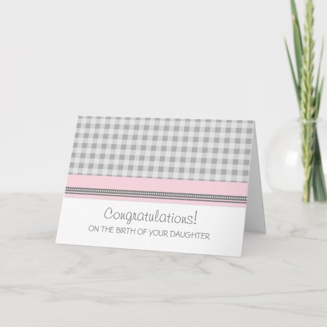 Carte Pink En vichy Félicitations Nouvelle Bébée Fille (Devant)