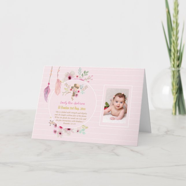 Carte Pink Floral BAUTIZO Baptême Bible Verse Photo Girl (Devant)