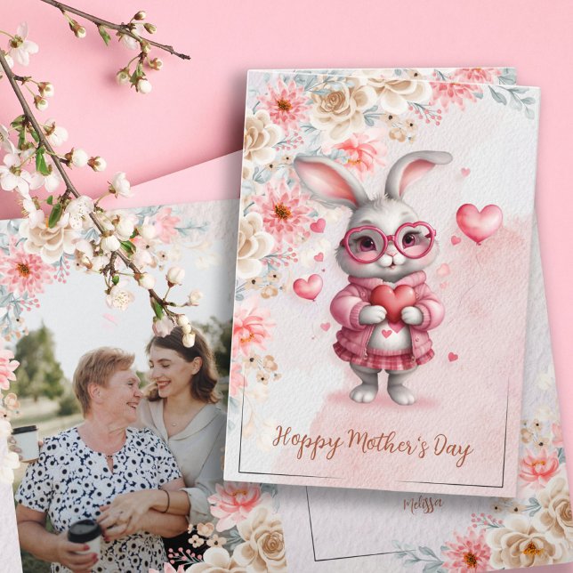 Carte Pink Floral Charme & Love Bunny Photo Fête des Mèr (Pink Floral Charm & Love Bunny Photo Mother's Day Card)