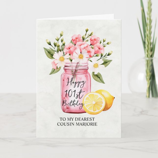 Carte Pink Floral Jar Cousin 101e anniversaire Salutatio (Devant)