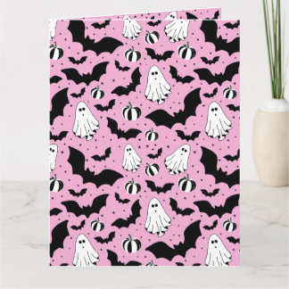 Carte Pink ghosts, bats and pumpkins