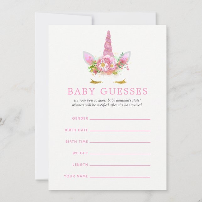 Carte Pink & Gold Floral Unicorn Girl Guesses Baby (Devant)