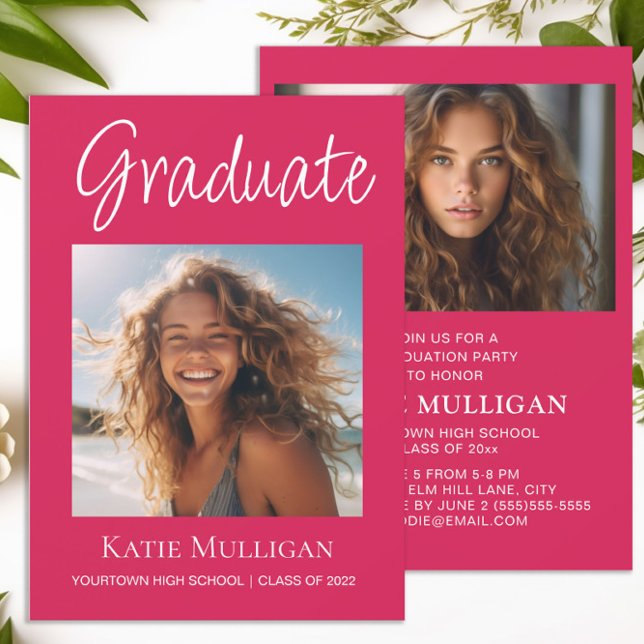 Carte Pink Graduation 2 Photo Graduation (Hot pink 2-photo graduation party invitation)
