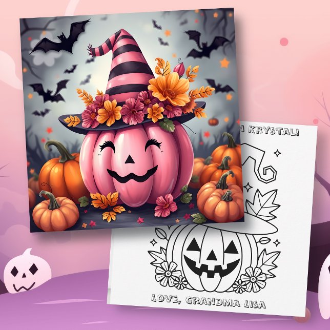 Carte Pink Halloween Pumpkin & Coloring Page Personalize (Créateur téléchargé)