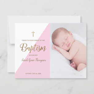 Carte Pink Modern Baby Girl Photo Baptême Merci