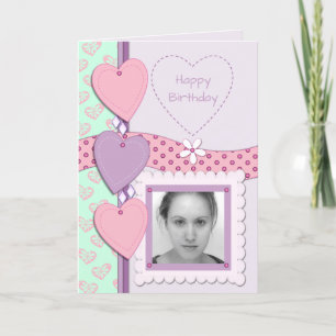 Carte Pink & purple with hearts and photo