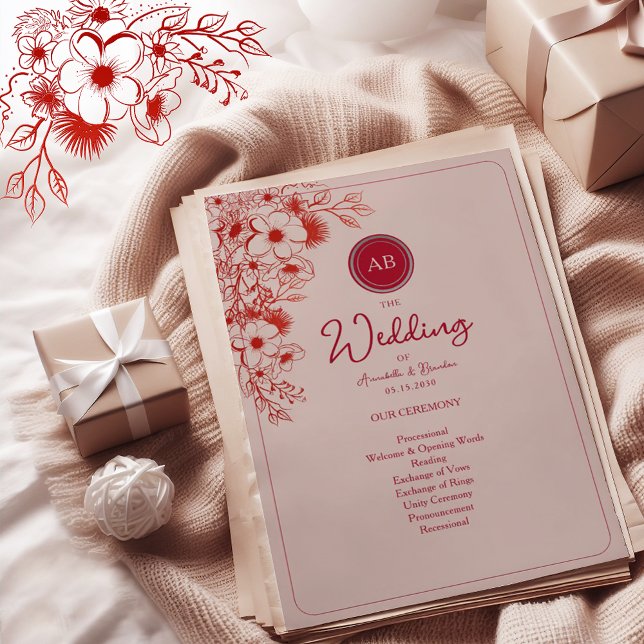 Carte Pink Red Floral Wedding Program (Créateur téléchargé)