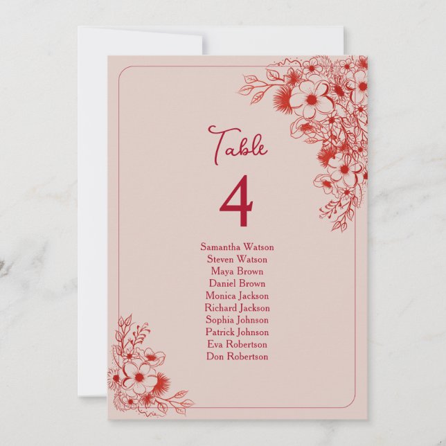 Carte Pink Red Floral Wedding Seating Chart (Devant)