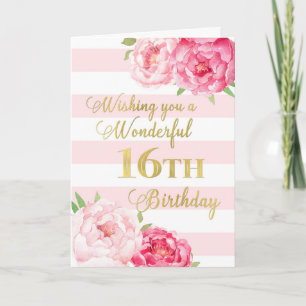 Carte Pink Stripes and Flowers Heureux 16e Anniversaire 