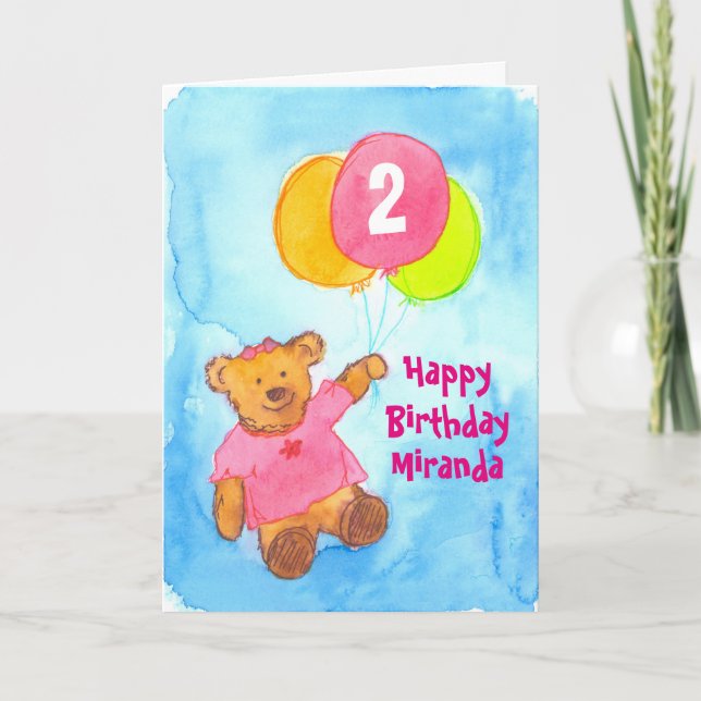 Carte Pink Teddy Bear Joyeux 2e anniversaire personnalis (Devant)