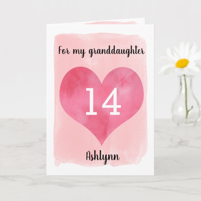 Carte Pink Watercolor Heart 14th Birthday Granddaughter (Petite plante)