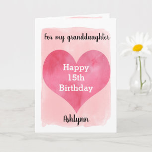 Carte Pink Watercolor Heart 15e Birthday Granddaughter