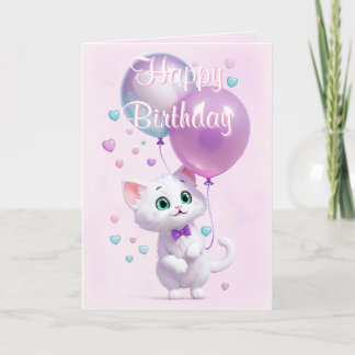 Carte Pink White Kitten with Balloons Birthday