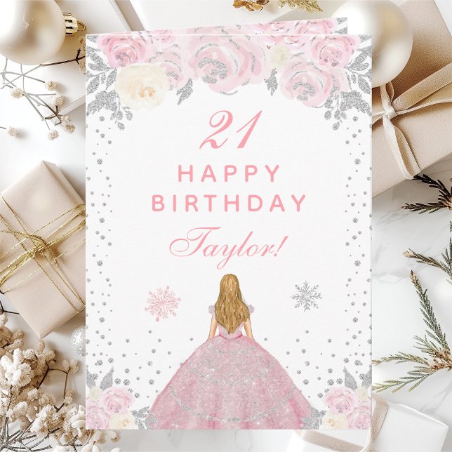 Carte Pink Winter Blonde Hair Princesse Anniversaire (Créateur téléchargé)