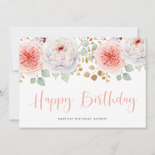 Carte Pivoines pêche à l'aquarelle et feuilles d'or pour
