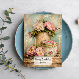 Carte Pivoines Shabby Chic et Boîte en Fer Blanc Vintage