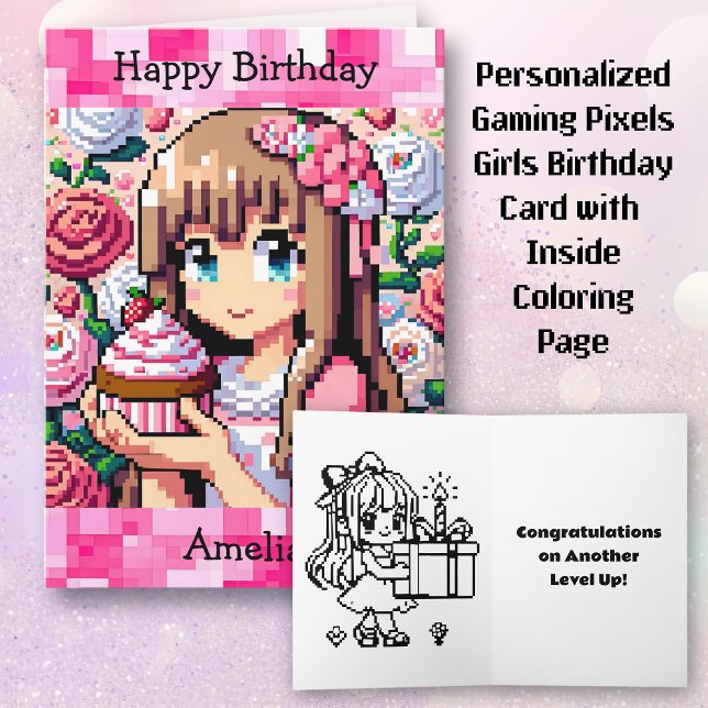 Carte Pixel Art Girl's Pink Birthday Party | Page Couleu (Créateur téléchargé)