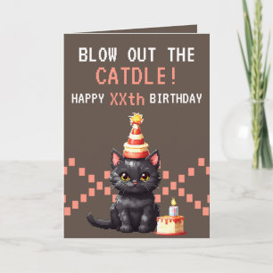 Carte Pixel Pink & Brown Cat Cake Gamer Anniversaire