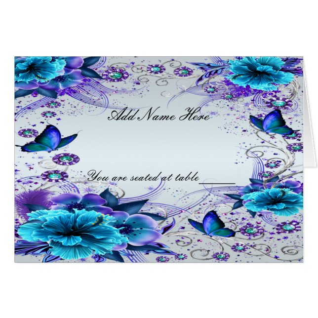 Carte Place Floral Bleu Et Papillon Plié Table