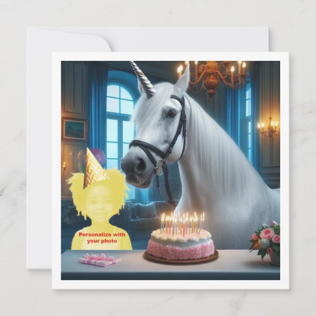Carte Placez mon visage dans l'image, licorne et enfant (Devant)