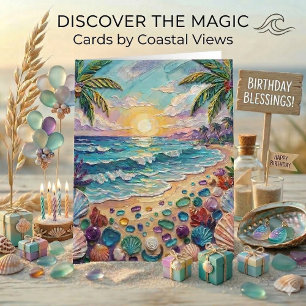 Carte Plage à l'impasto et verre de mer Joyeux Anniver
